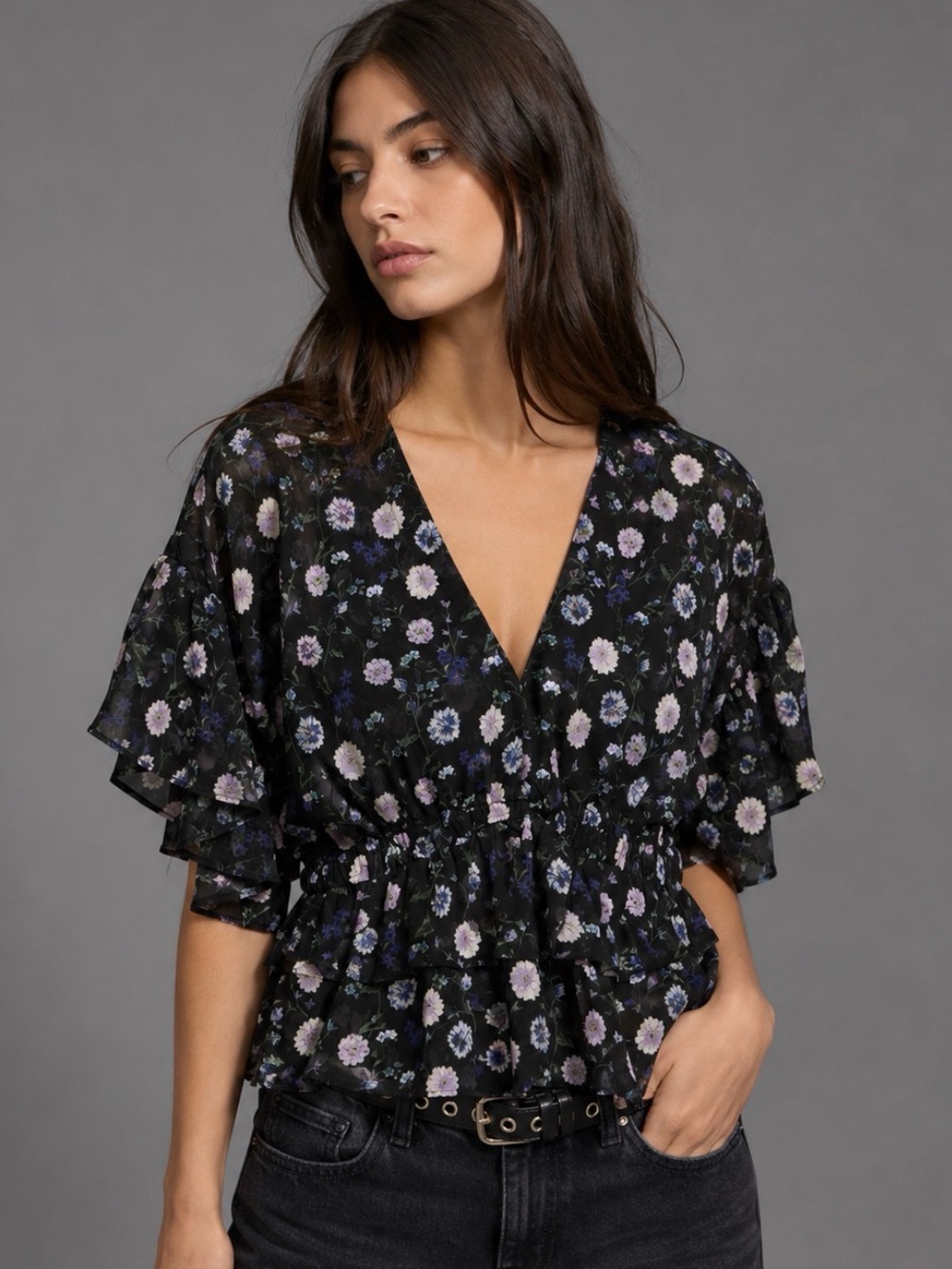 THE KOOPLES Womens Size 2 Black/Purple Peony Floral Silk Chiffon Blouse Top NEW